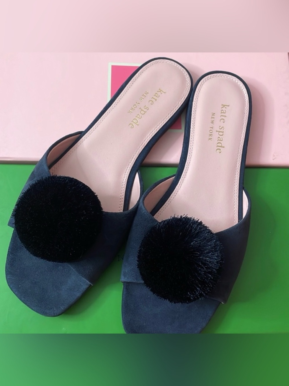 Kate Spade Navy Amour Pom Pom Slide Sandals Suede Flat Slip-On. Size 9.5
